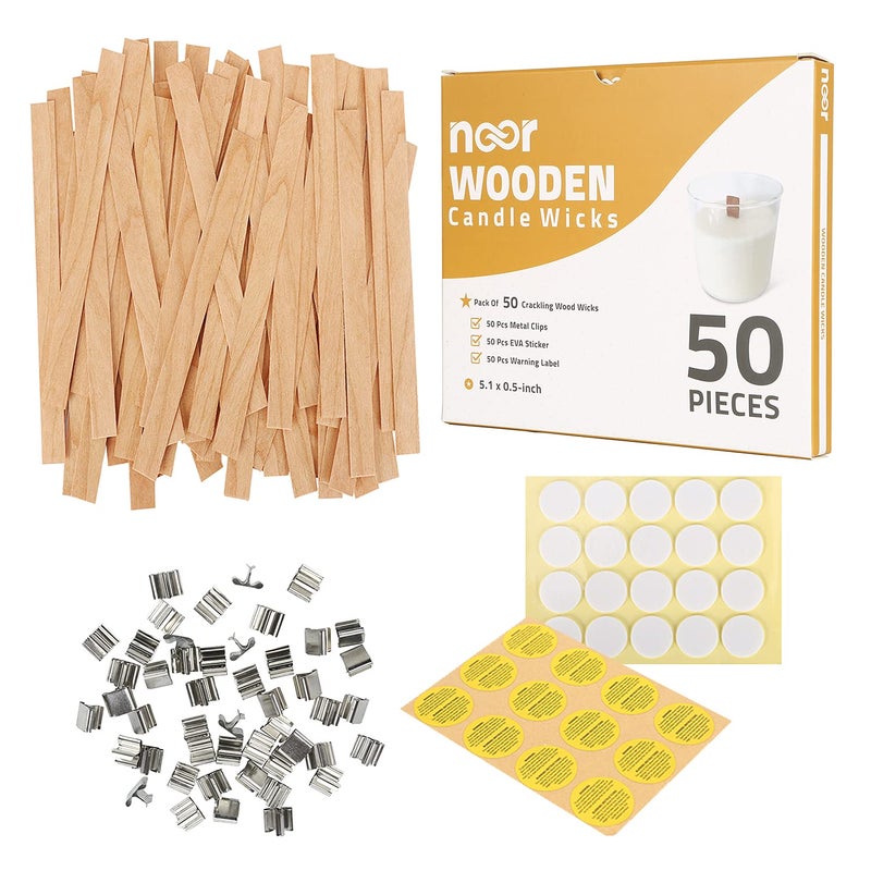 NOOR Crackling Wooden Wicks for Candles - Pack of 50 Pcs 5.1 x 0.5 inch Wood Wicks with Metal Sustainers, EVA Stickers and Warning Labels - Eco-Friendly Wooden Candle Wick - Image 1